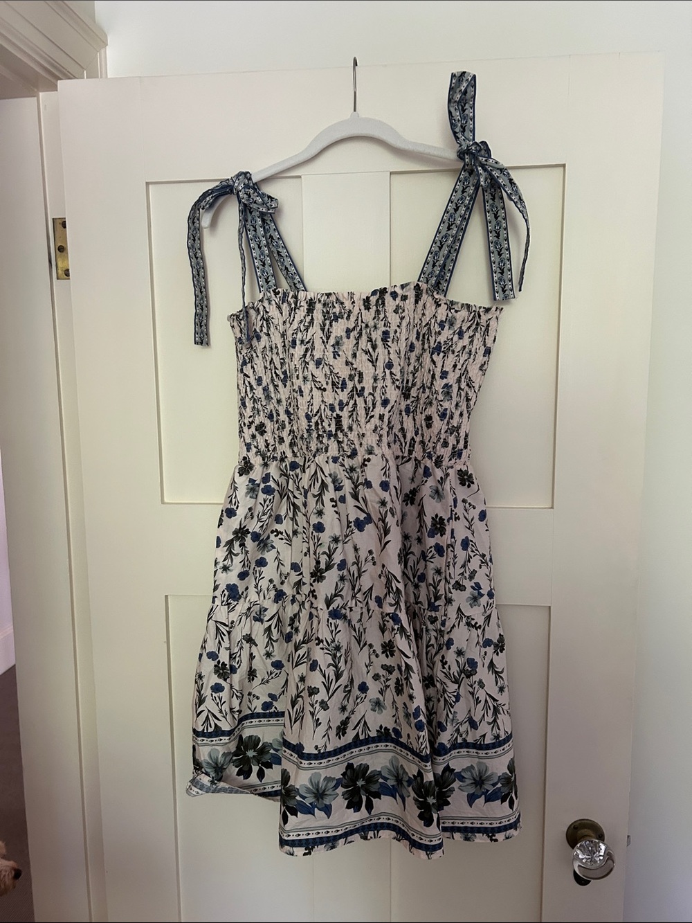 Smocked Tie-Shoulder Floral Sundress in Blue and White